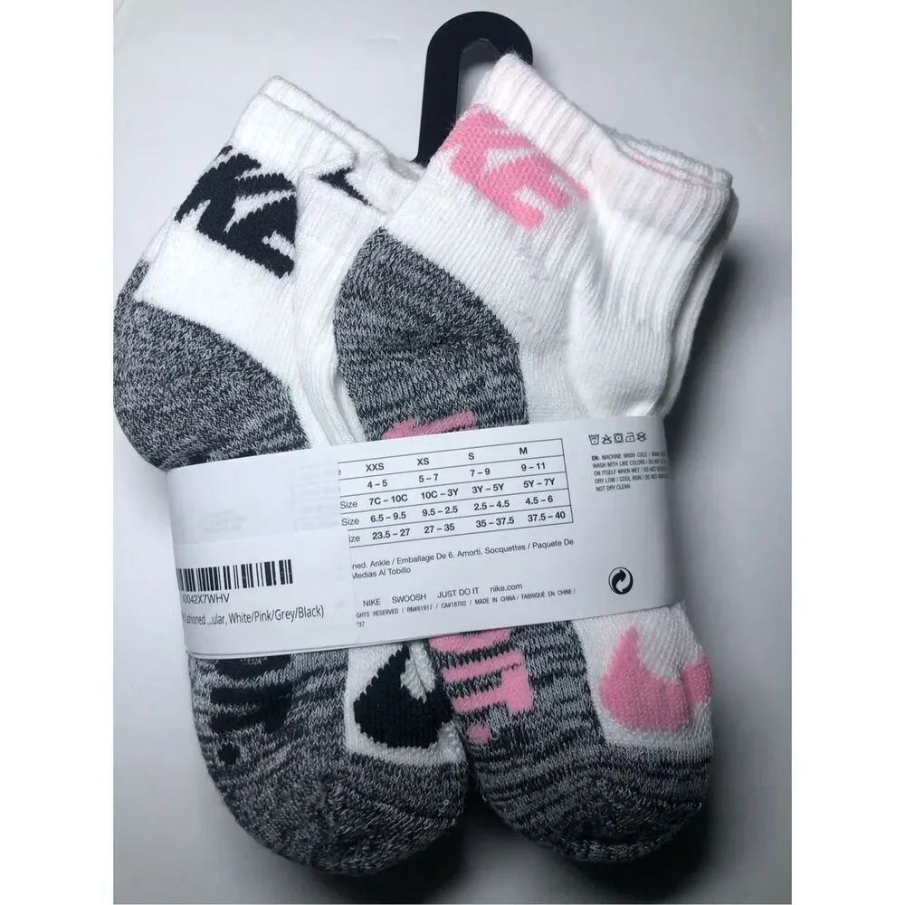 Nike Girls Cushioned Ankle Socks size 5-7/ fits shoe size 10C-3Y 6-pack
